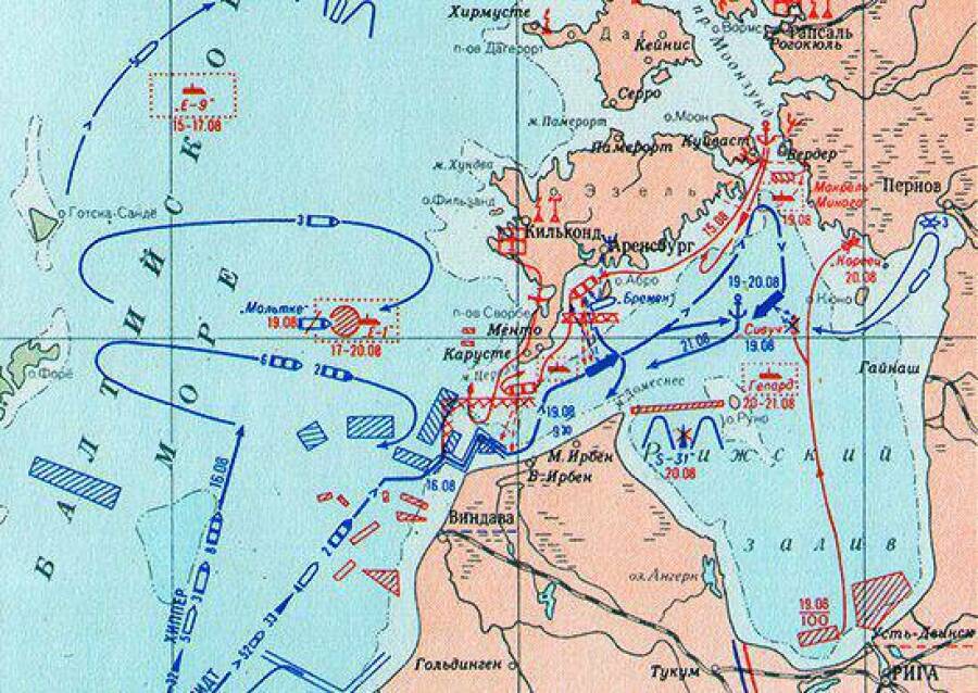 Театр боевых действий в Рижском заливе 3 (16) – 8 (21) августа 1915 г. Схема