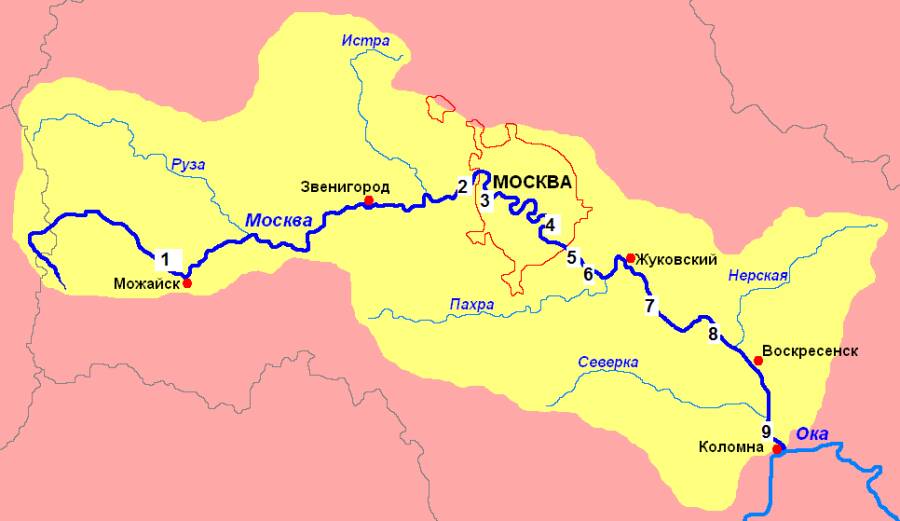 Гидротехнические сооружения на Москве-реке к концу XIX века. Плотины: Перервинская (№4), Бесединская (ныне имени Трудкоммуны, №5), Андреевская (№6), Софьинская (№7), Фаустовская (№8) и Северская (№9)