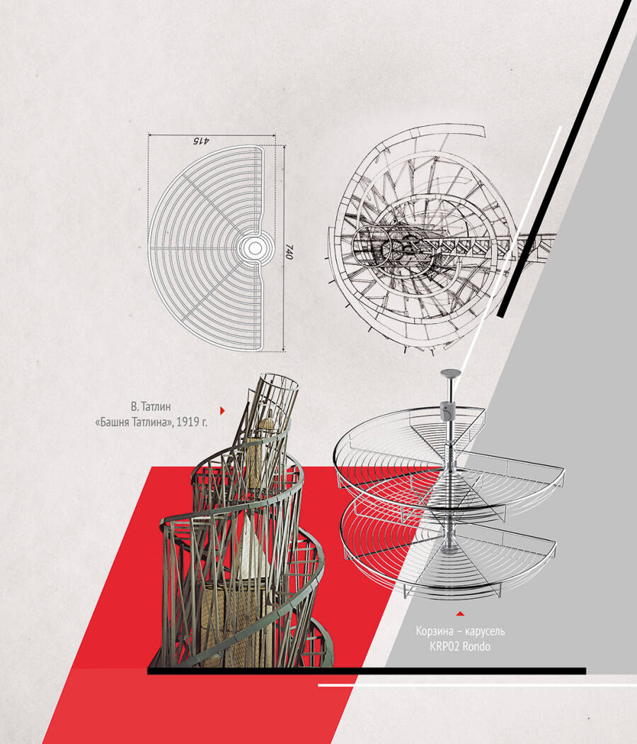 Чертеж башни Татлина и корзины-карусели