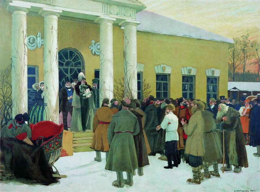 Б.М. Кустодиев «Чтение манифеста (Освобождение крестьян)», 1907 год.