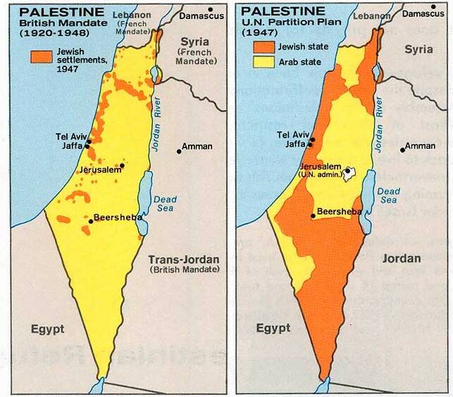 Карта еврейских поселений и предполагаемых границ арабского и еврейского государств. 