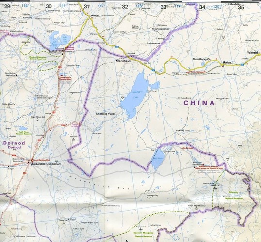 Современная карта территории Восточной Монголии, граничащей с Россией и Китаем. На карте ReiseKnow-HowVerlagесть забавная опечатка - рыбацкий поселок Монголрыба на северном берегу озера Баир-Нур в дельте Халхин-Гола назван "Монготрыбой".